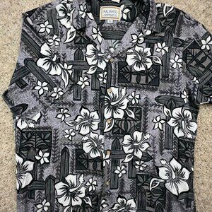 VTG Kalaheo Hawaiian Camp Shirt Men Size Large Gray Floral Tiki Short Sleeve USA